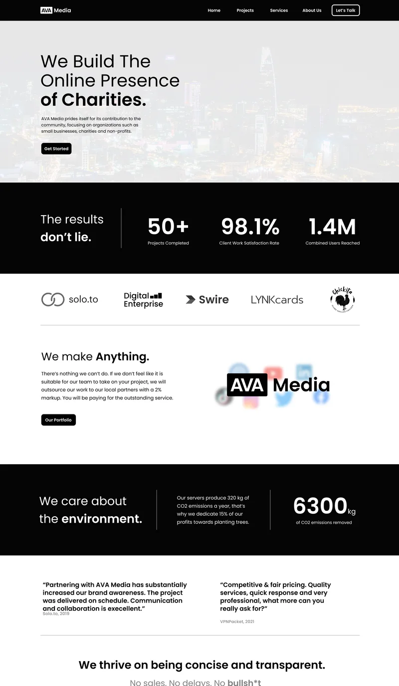 Full length AVA Media homepage design with hero, results band, client logos, services, an environment band with 6,300 kg of CO2 removed, and testimonials.