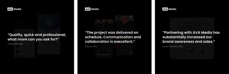 Three black social posts with client quotes from VPNPocket, Solo.to and Smart HomeKit.
