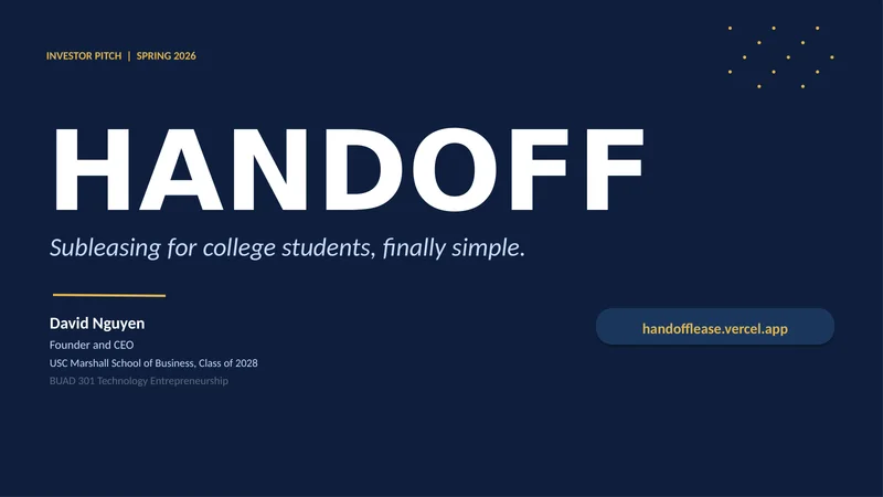 Navy pitch deck cover reading HANDOFF, Subleasing for college students, finally simple, David Nguyen, Founder and CEO