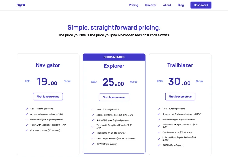 HYRE pricing page with three plans, Navigator at $19, Explorer at $25 recommended, and Trailblazer at $30 per hour.