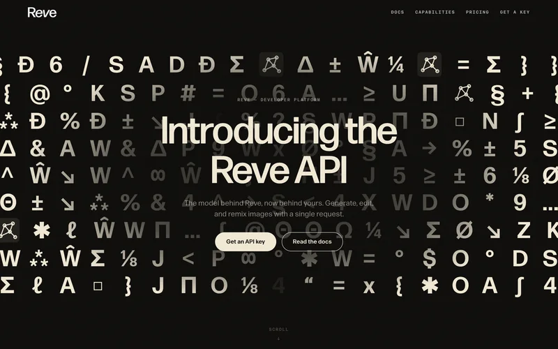 Dark landing page headed Introducing the Reve API over a grid of large glyphs, with Get an API key and Read the docs buttons.