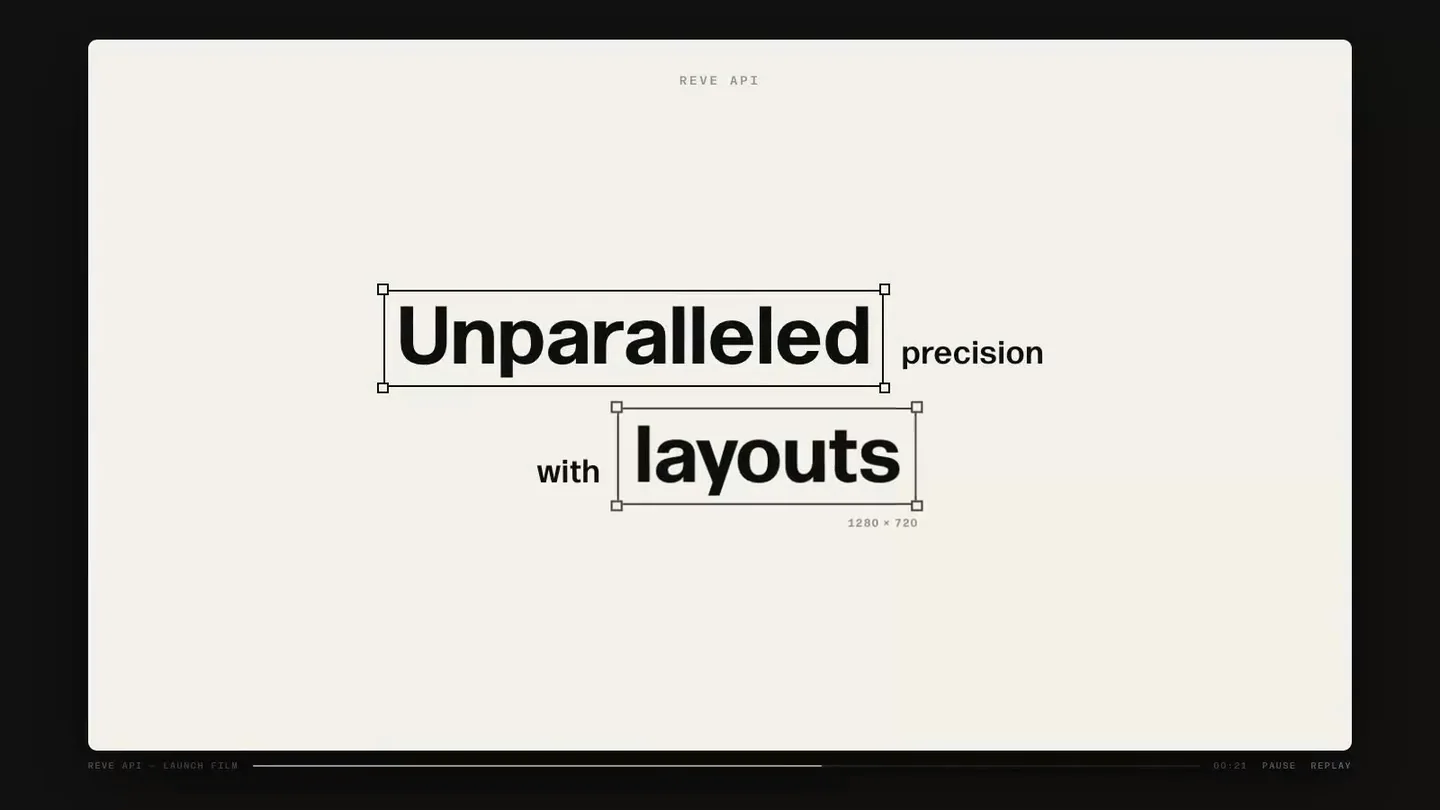 Layout boxes draw around the words Unparalleled precision with layouts, gears turn over Control every aspect, and the Reve API end card lands.
