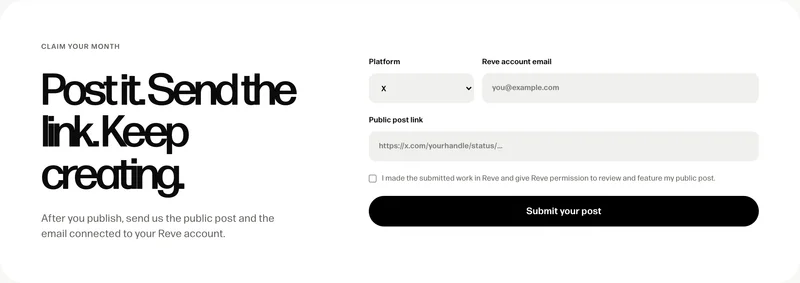 Claim form with platform, Reve account email and public post link fields and a Submit your post button.