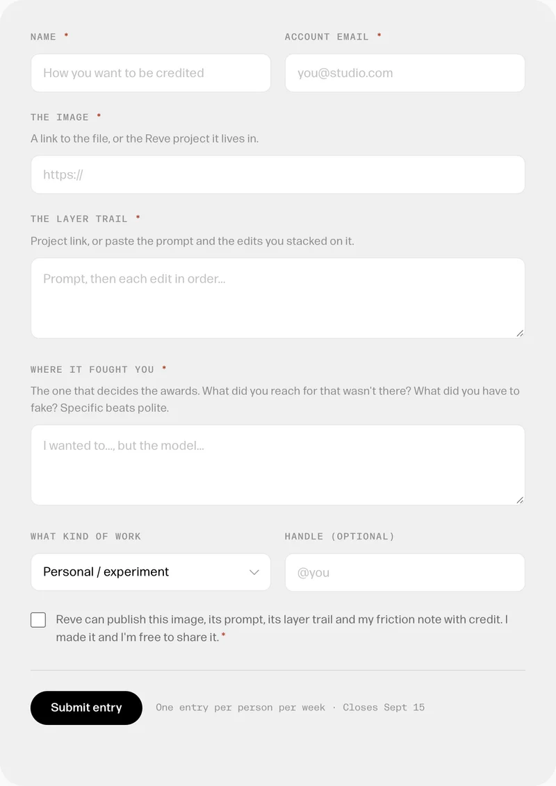 Entry form with fields for name, email, image link, layer trail, a required Where it fought you field, work type and handle.