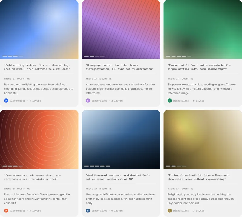 Six gallery cards, each with a gradient placeholder image, the prompt, a Where it fought me note and a layer count.