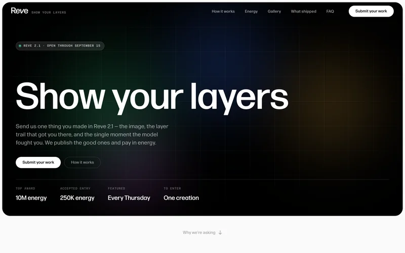 Black hero reading Show your layers, with Submit your work and How it works buttons and four award facts below.