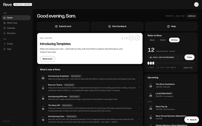 The partner hub home in dark mode.