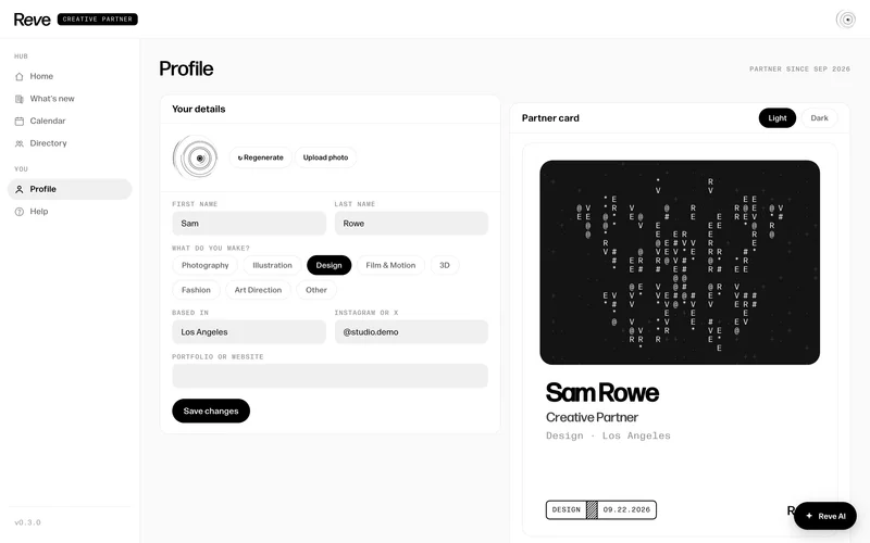 Profile page with editable partner details beside a large black partner card for a demo partner.