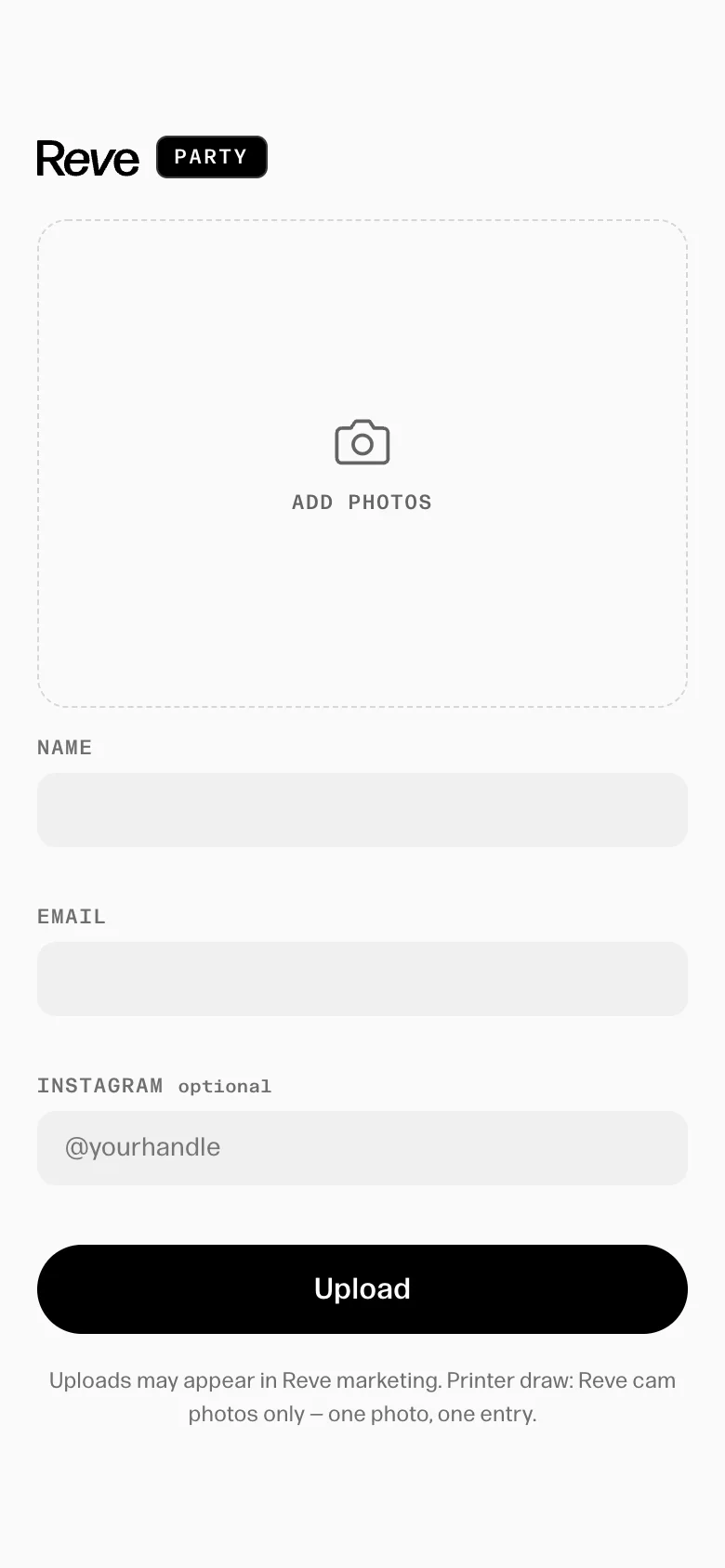 Phone upload page with an Add photos area, name, email and optional Instagram fields, and an Upload button.