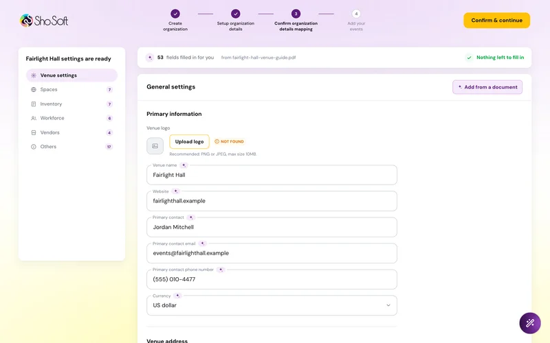 Onboarding step 3 venue settings form prefilled with venue name, website, primary contact, email and phone, with a Settings are ready navigation on the left
