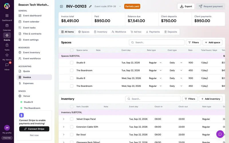 Event invoice INV-00103 with totals for invoice, paid, balance due and deposits, and line items for spaces and inventory