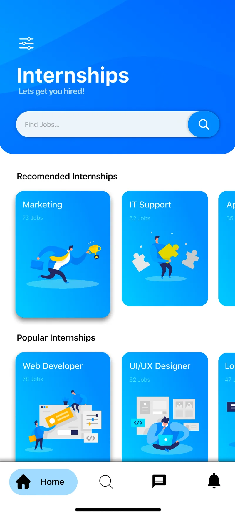 Swire home screen with a search bar, recommended internships in Marketing and IT Support, and popular internships for web developer and UI/UX designer.