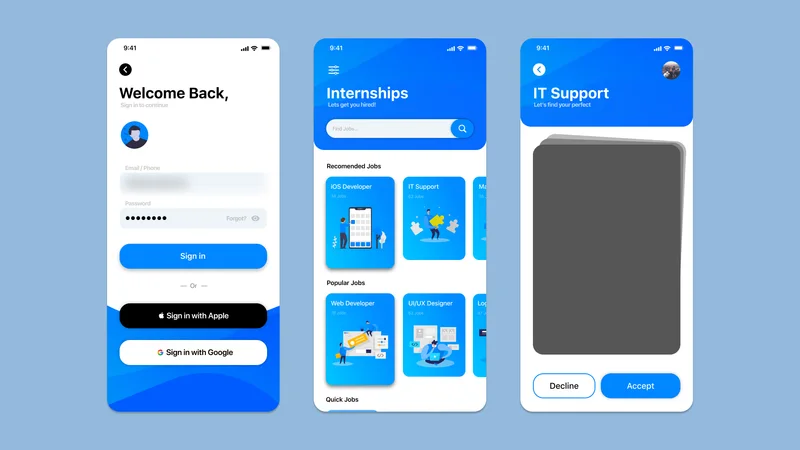 Three phone screens, a sign in page, an internships feed with category cards, and an IT Support match card with decline and accept buttons.