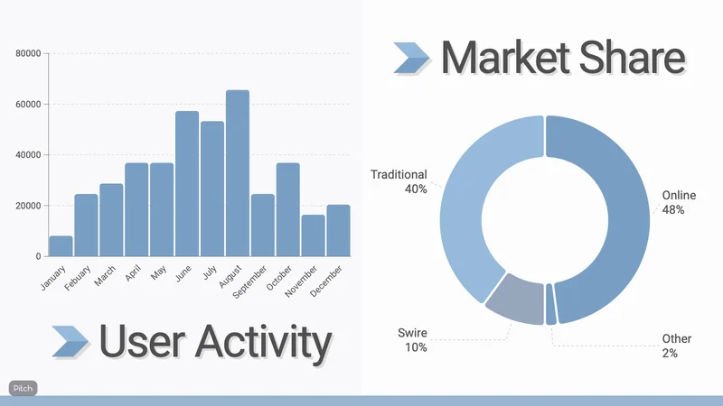 Pitch slide with a monthly user activity bar chart and a market share donut.