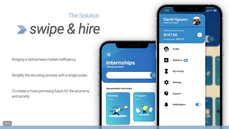 Pitch slide titled swipe and hire with two phones showing the internships home screen and a profile menu.