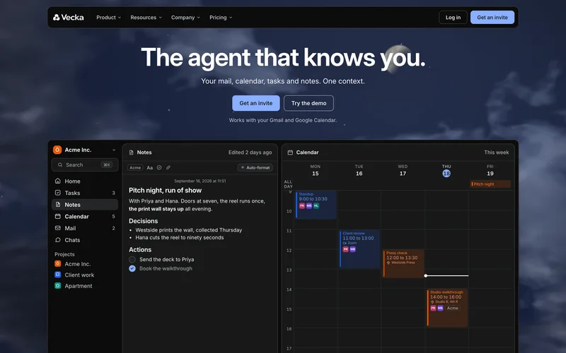 vecka.ai hero with the headline The agent that knows you, Get an invite and Try the demo buttons, and a Vecka window showing notes and a calendar week for a sample company, over a night sky.