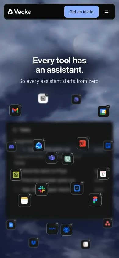The vecka.ai homepage stage on a phone, app icons converging into a scaled Vecka window as the page scrolls.