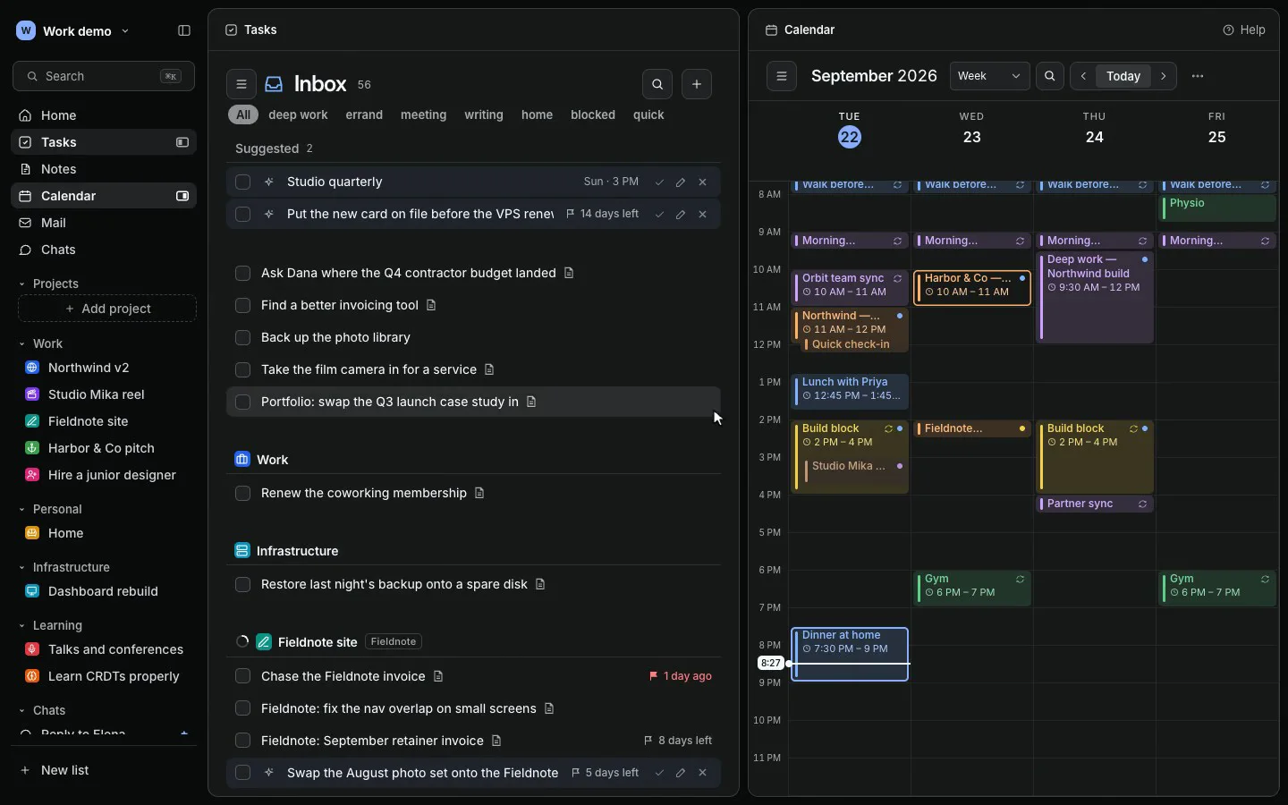 Vecka Tasks inbox full screen. The cursor right-clicks Calendar in the sidebar, chooses Open on the right, the window splits into Tasks and a week calendar, then the calendar pane is closed and Tasks glides back to full width.