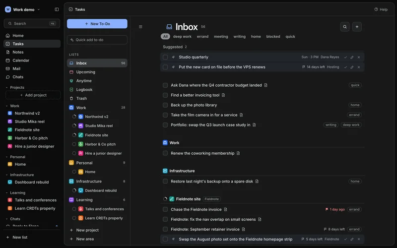 Vecka Tasks inbox in dark mode with the sidebar of areas and projects, a lists column, and the inbox showing two suggested rows, loose to-dos, and project blocks with deadline flags.