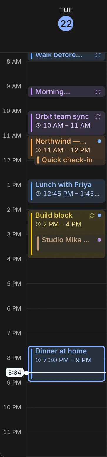 A single calendar day column for Tuesday the 22nd with an hour gutter, stacked colour coded events, and a now line at 8:34.