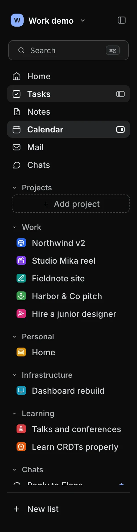 The Vecka sidebar with Home, Tasks, Notes, Calendar, Mail and Chats, where Tasks and Calendar both carry a small window icon showing which side of the split they occupy, followed by areas and projects.