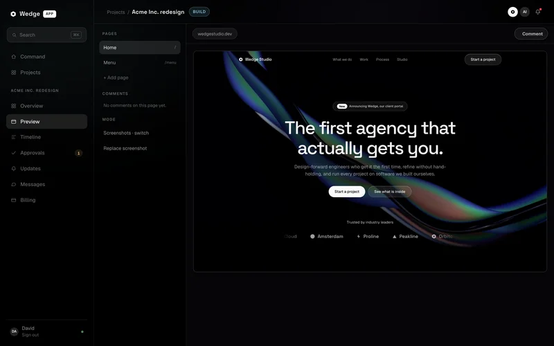 Preview tab of the Wedge app with a page list, comment rail and a staging screenshot of a site