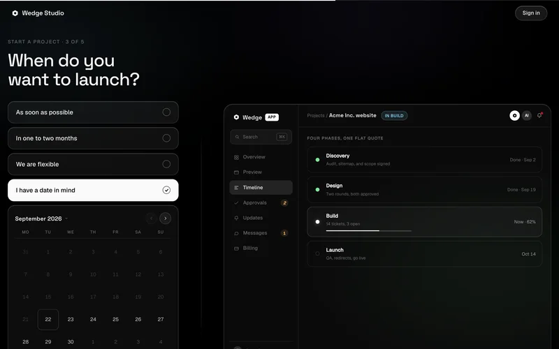 Intake launch step with an inline calendar and the app preview switched to its timeline view