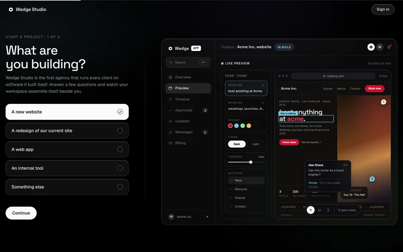 Intake step one, what are you building, with a live preview of the Wedge app editor on the right