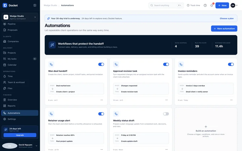 Docket Automations page with workflow cards for won deal handoff, approval revision task, invoice reminders, retainer alerts and weekly status drafts