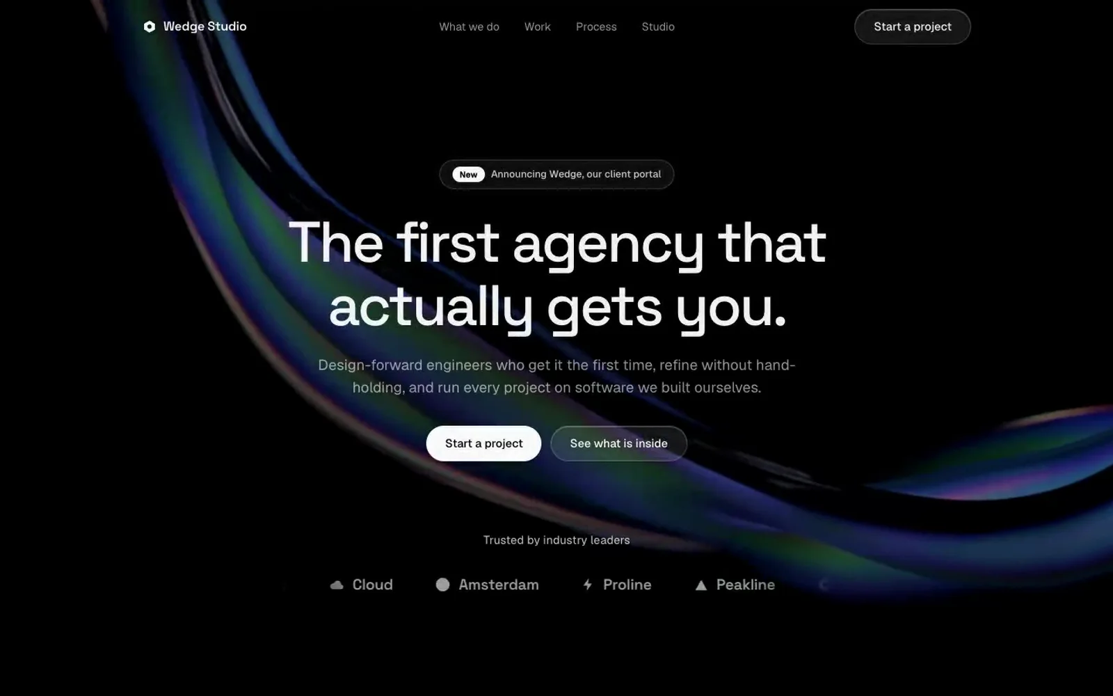 wedgestudio.dev intro loader, hero with ribbon video, then the manifesto lighting up word by word as the page scrolls
