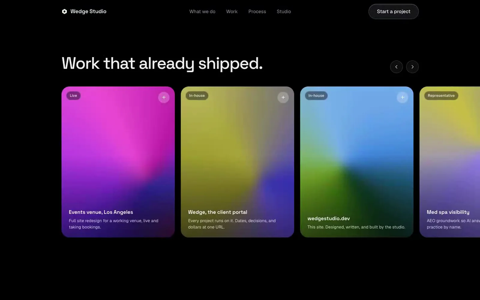 Project rail cards with coded gradients, a plus button swapping short copy for long through a blur