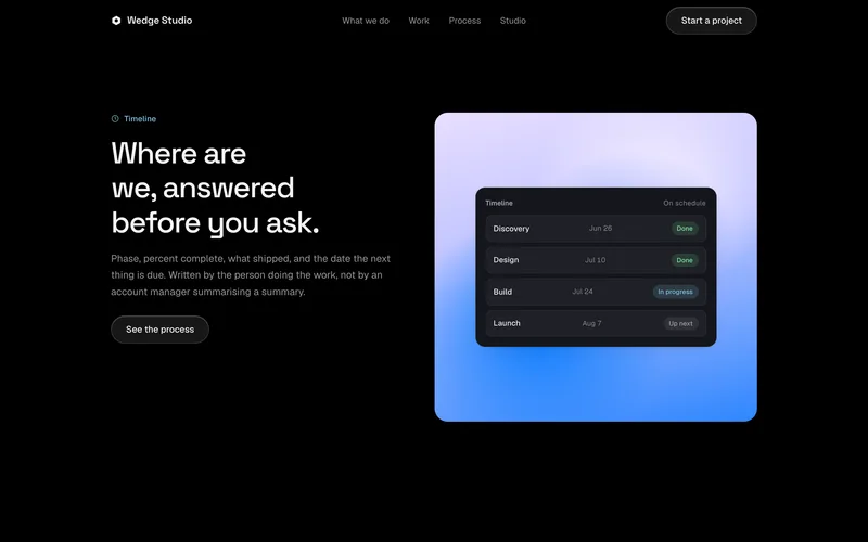 Feature tour timeline beat with copy on the left and a timeline card on a blue gradient plate